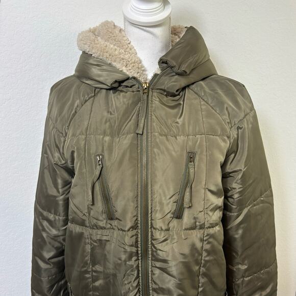 DRESS FORUM LOS ANGELES SMALL GREEN BEIGE ZIP UP PUFFER WINTER JACKET - Picture 6 of 7